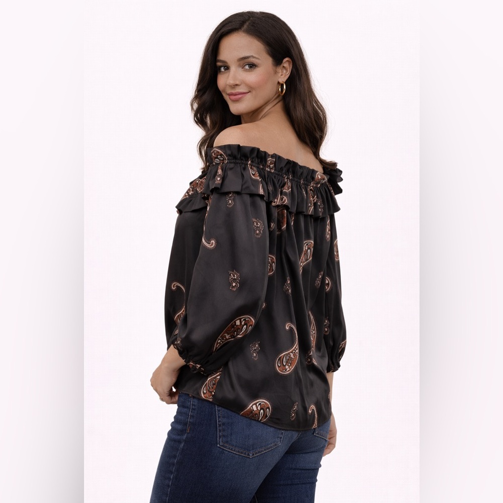 Rye Grass Black Satin Paisley Off Shoulder Blouse Top